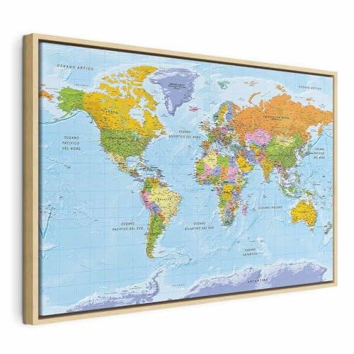 murando - Quadro con Cornice Naturale Colorato 120x80 cm 1 Pezzo - Stampa su Tela - Quadri con Cornici Moderni Soggiorno XXL Grandi - Decorazioni da Parete - Telaio in Legno - Continenti k-A-0460-b-a