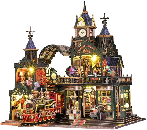 Spilay Maquette, Cité Ferroviaire Secrète Maison Miniature en Bois avec LED, Puzzle 3D Créative pour la Détente & la Décoration – Cadeau Unique pour Amoureux des Livres (Noël, Anniversaire)