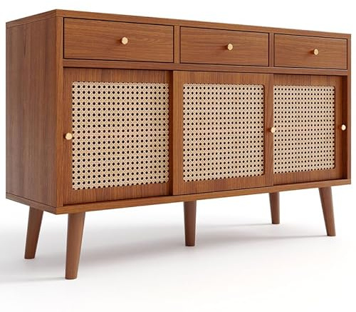 Solisburne Buffet - Commode avec 3 tiroirs et 3 portes - Armoire de cuisine avec étagères réglables - Armoire de rangement pour salon, chambre à coucher - 120 x 40 x 78 cm - Couleur noyer - Tressé