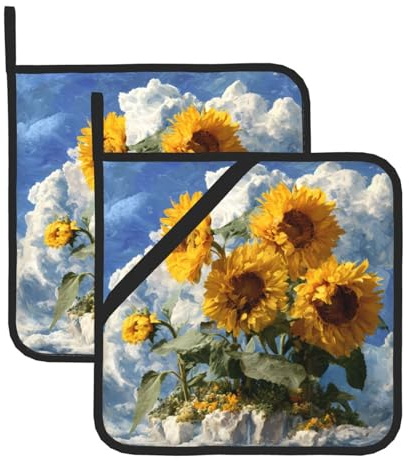 HHGFASD Presine quadrate resistenti al calore con motivo girasoli sulle nuvole (set di due) 20,3 x 20,3 cm: tessuti di qualità, antiscottatura e facili da pulire