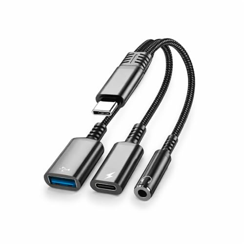 Mizi 3-in-1 USB C to Headphone Jack and Charger Adapter, 60W PD Fast Charging & USB A Hub, Compatible with iPhone 15/16/17 Pro/Max, Samsung Galaxy, iPad Pro, MacBook, Pixel - Black