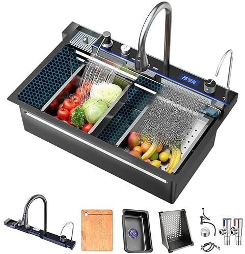 Rostfritt stål diskho med digital skärm, präglad design, trycksatt koppbricka och dubbla vattenfall