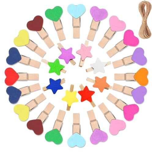 Cossaot 100 Stück Kleine Wascheklammern, Mini Herzen Wascheklammern | Bunte Farben, mit Kordel, Klein und Praktisch – Ideal zum Dekorieren, Basteln und Befestigen von Fotos, Karten und Notizen