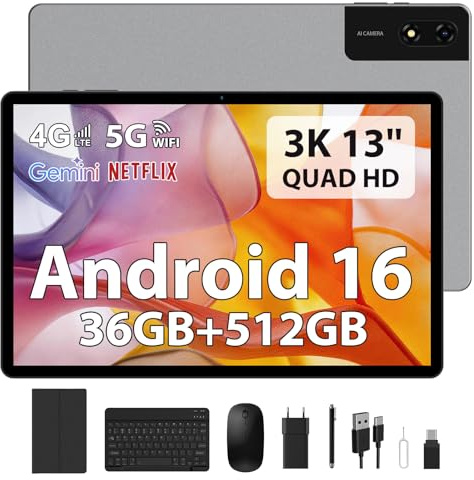 FLYCOAY Tablet 13 Pulgadas Android 16, 36GB RAM + 512GB ROM con SIM, 4G LTE + WiFi 5G, FHD 2944 * 1840, Batería 11580mAh, Face ID, GPS, Bluetooth 5.0, Widevine L1, Incluye Teclado, Ratón-Gris