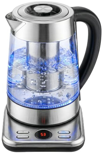 HOMCOM Bouilloire Électrique 1,7L Rapide 2200W Thermostat Strix Argent | Infuseur à Thé, Fonction Maintien au Chaud, Arrêt Automatique, Protection Anti-Ébullition à Sec