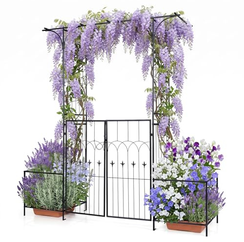 GYMAX Rosenbogen mit Tür, Gartenbogen aus Metall mit Rankgitter & 2 Pflanzkästen, Rankhilfe für Kletterpflanzen, Spalier Torbogen für Hochzeit, Garten & Partys, 200 x 51,5 x 206 cm