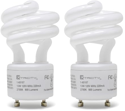 Xtricity Compact Fluorescent GU24 2 Prong Light Bulb Base, T2 Mini Spiral, 13W (60 Watt Equivalent), 2700k Soft White, 900 Lumens, CFL, 120V, UL Listed (2 Pack)
