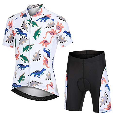 YFPICO Niños Traje de Ciclismo Transpirable para Deportes al Aire Libre Ropa Ajustada Cuerpo Pantalones + Tops Especial de la Almohadilla, Blanco Dinosaurio Tops+Pantalones, M (4-6 años)