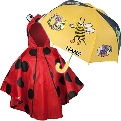 alles-meine.de GmbH 2 TLG. Set: Regenschirm + 3D Effekt - Regenponcho - lustige Biene & Marienkäfer - inkl. Name - Kinderschirm - Ø 72 cm - Regencape - Kinder - 2 bis 6 Jahre - S..