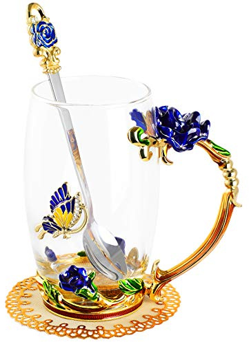 WD&CD Rose Butterfly Glass Tea Coffee Cups Mugs with Spoon and Coaster | Gifts for Girlfriend Wife Mum Women on Christmas Valentine's Day Mother's Day Anniversary, Blue Tall