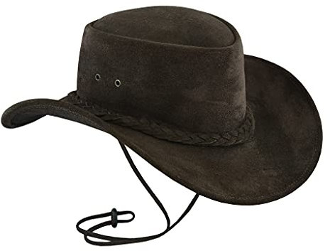 Leatherick Wasserdichter Cowboyhut Echtes Wildleder Schwarz & Dunkelbraun Aussie Style Western Outback Leder Bush Hut (2XL, Dunkelbraun)