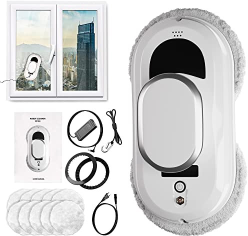 APQ Supply White Automatic Window Cleaner Robot W100, 11.8 x 5.9 x 4.7 Inch with 3 Modes and 10 Cloth Pads. Window Vacuum Cleaner for Windows Without Water Spray. Automatic Glass Cleaner Vacuum, 72dB