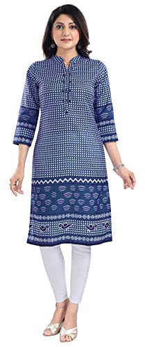 Unifiedclothes Women’s Indian Kurti Tunic Top - Ethnic Traditional Casual Party Festival Wear DKL523 Indians Thread and Sequine Work Cotton Blend Blue Polka Dots (Numeric_14) Blue