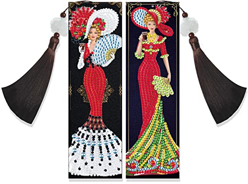 DCIDBEI Diy 2 Set Diamond Painting Lesezeichen Damen, Lesezeichen Diamantmalerei, Diamond Art Surprise Handwerk Malen nach Zahlen Set Geschenk für Geburtstag Weihnachten (Frau im rotem Kleid)