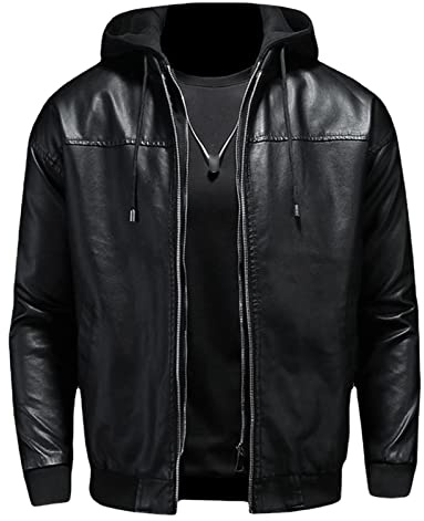 Men Faux Leather Motorcycle Hood Jacket Vintage PU Leather Moto Hoodies Classic Retro Zip Up Casual Hoodie Jacket, Black, XL