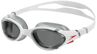 Speedo Unisex Biofuse 2.0 SwiMing glasögon | Patenterad enkel justering | Anti-dimma | anti-läckage | Förbättrad passform | Förbättrad komfort, vit/röd/ljusrök, en storlek