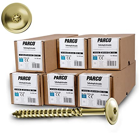 PARCO Tellerkopfschrauben Sortiment 300 Stück TX40 Verzinkt, CUT-Spitze, Holzbauschrauben für Konstruktionen, Holzschrauben Set, selbstschneidende Schrauben mit ETA Zulassung