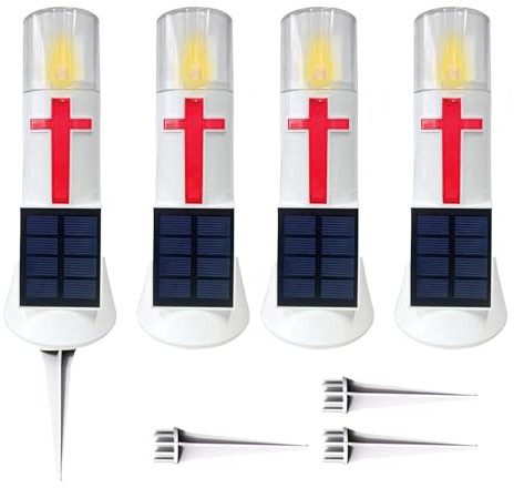 LILONZON Waterproof Outdoor Solar Powered Flameless Candle LED Light Cross Grave Decoration Cemetery Light Blessed Candles for Home Memorial Decoration,Yard (4PACK)