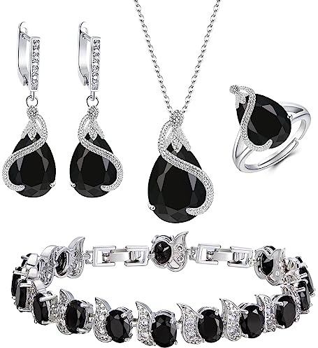 EVER FAITH Parure Bijoux 4PCs Goutte d'eau Cubique Zircone Glamour Collier Boucles d'Oreilles Bracelet et Anneau Ouvert pour Dames de Mariage Fête Clair Ton d'Argent