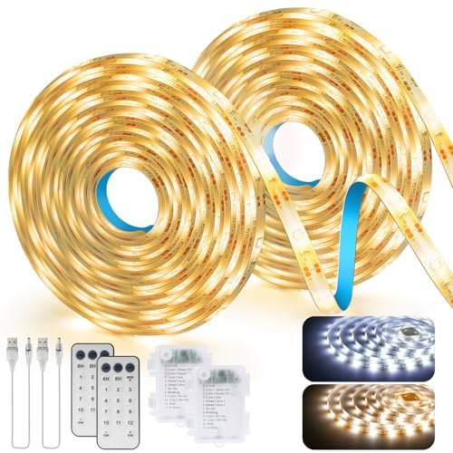 2 Stück LED Streifen Batterie, 3M 90LED kabellose LED Strip 2700K Warmweiß-6000K Kaltweiß mit Fernbedienung, Selbstklebende Lichtleisten, Timer, für Regale, Schubladen, Garderoben, Schlafzimmer