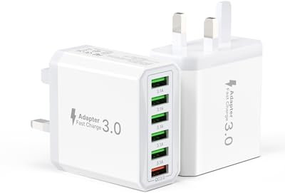 2-Pack 33W USB Plug UK, 6-Port USB Fast Charger Plug Multiple with Quick Charge 3.0 Wall Charger, Multi Fast Charging Power Adapter for iPhone 16 15 Pro Max 14 Plus 13 12 11 SE XR, iPad, Samsung
