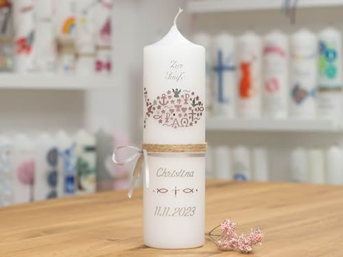 meinkerzenshop Taufkerze Christina personalisiert mit Name und Datum, individuell und mit Echtwachs handverziert für Junge und Mädchen