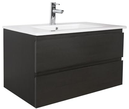 Schlichtes Waschbecken, Eichendekor, Carbon, 80 cm + Waschtisch Sorrento, Badezimmermöbel