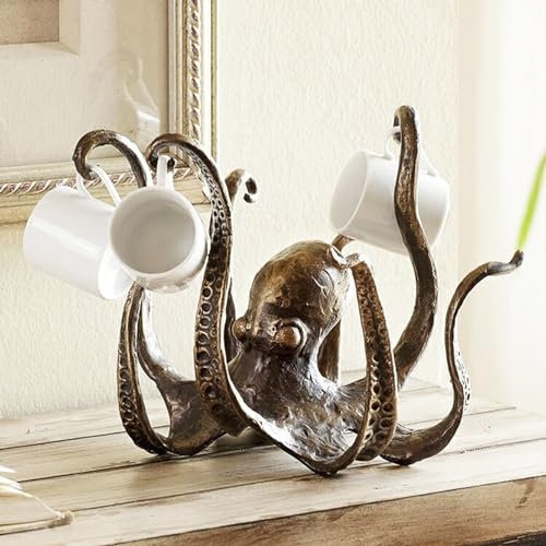 Shienfir Octopus Mug Holder, Vintage Octopus Coffee Mug Holder, Mug Holder Pendant Tea Cup Holder, Retro Resin Octopus Desktop Statue, Kitchen Dining Bar Statue Accessory Bronze Coffee