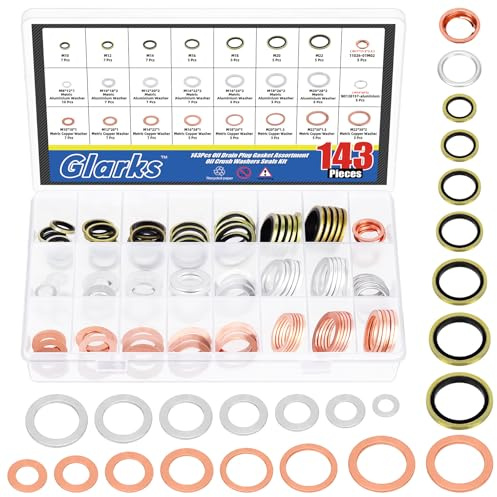 Glarks 143 pièces 10 tailles voiture vidange d'huile bouchon joint d'étanchéité Kit M8 M10 M12 M14 M16 M18 m20 M22 aluminium cuivre acier huile sous pression joint d'étanchéité