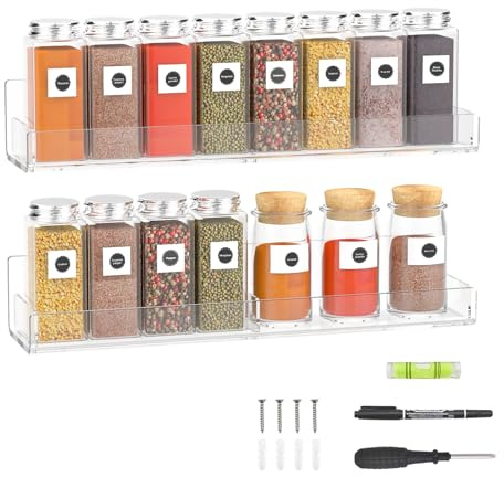 Sezanrpt Acrylic Spice Rack Wall Mount, Hanging Spice Shelf Racks for Seasonings, Kitchen Spice Jars Wall Organizer Storage Holder, 2 Pack