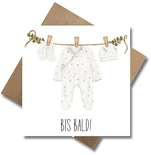 WBdesignz Mutterschutzkarte mit Umschlag - Karte „Bis bald!“ – quadratische Abschiedskarte mit Babywäsche & Eukalyptus – ideal für Mutterschutz, Babyshower oder Schwangerschaft (125 x 125 mm)