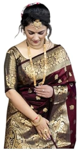 Yashika Dam Zari vävd bomull silkesjacquard Sari med osytt blusmaterial, kastanjebrun, En Storlek