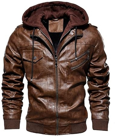 TINNYTT Veste en Cuir pour Homme, Moto Décontractée à Capuche, Faux Deux Pièces, Automne et Hiver, Brown-3XL