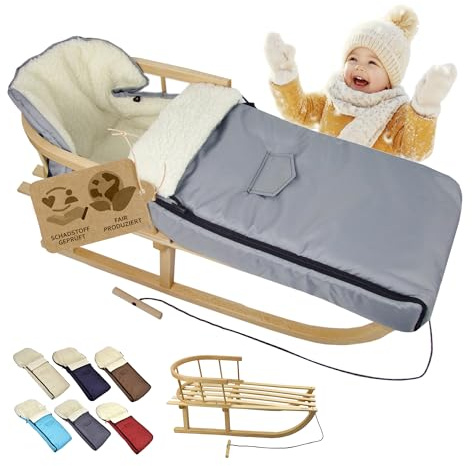Offerta combinata, slitta in legno con schienale e corda di trazione + sacco nanna invernale universale (108 cm), adatta anche per ovetto, passeggino, passeggino, in lana tinta unita (grigio chiaro)