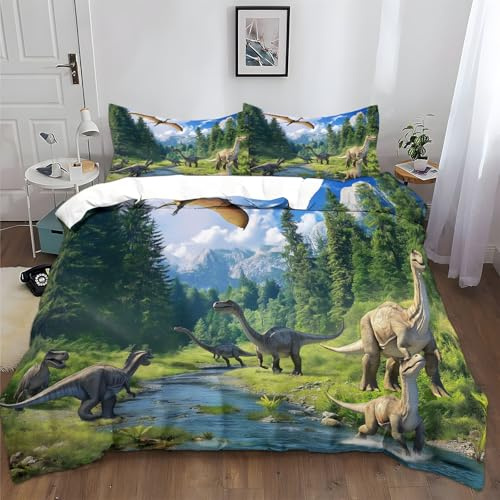 Juego de Funda Nórdica Cama 105/135 Bosque Dinosaurio Río 180x220 cm Funda de Edredón Suave y Sin Plancha con 2 Funda de Almohada 50x75 cm, Juego de Cama Polialgodón