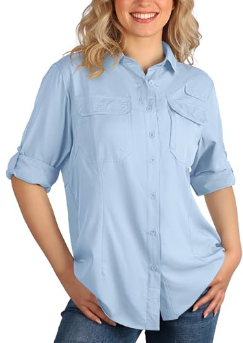 33,000ft Camisa de botones para mujer UPF50 Protección UV Camisa de secado rápido con botones Blusas transpirables para senderismo Ropa de safari para ocio, pesca, viajes, azul claro, L