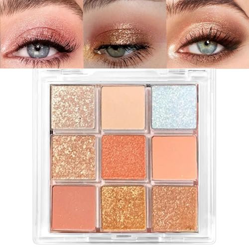 Lilbitty 1er Set 9 Farben Glitzer Lidschatten Palette, Langanhaltende Pigmentierte Augen Make-up Palette in orange rosa weiß Gold Schimmer, Wasserfester Lidschatten für Frauen und Mädchen