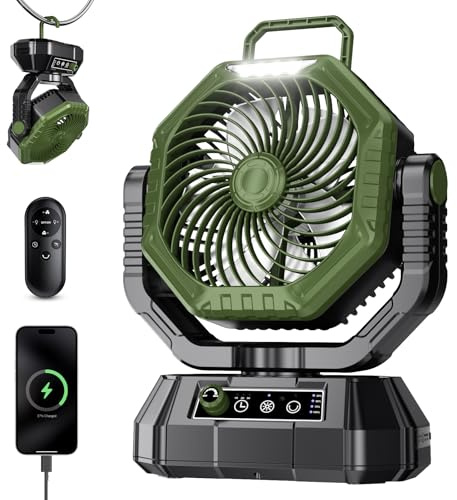 AJVV Camping Fan, 20000mAh Rechargeable Battery Fan with Stepless Wind Speed, Rechargeable Personal Desk USB with Hanging Hook/Light, for Home Outdoor Travel Fishing - Green