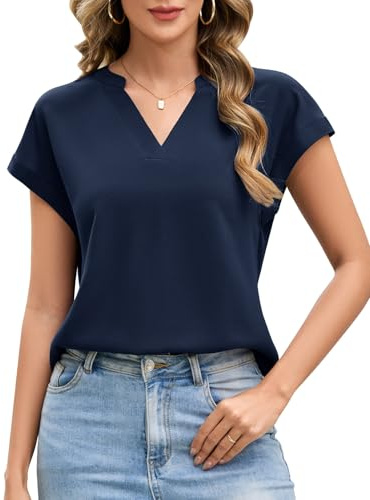 UMIPUBO Donna Camicia Elegante Estiva Camicie Scollo V Bluse Taglie Forti Casual Base Colore Puro Classica Maglie Larghe Magliette Donna Manica Corta (Ciano Navy, S)
