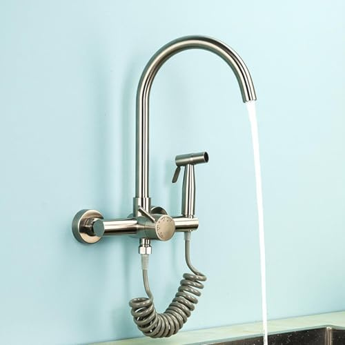 Robinet De Cuisine Mural Simple Eau Froide et Chaude avec Pistolet Acier Inoxydable Mitigeur Cuisine Mural-Brossé