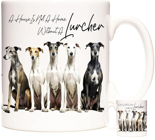 KAZMUGZ Lurcher Coffee Mug, A House is Not A Home Without A Lurcher. Images of Lurcher Dogs on an 11oz Ceramic Mug, Microwave and Dishwasher Safe