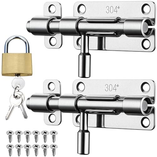 2 Stück Türriegel Edelstahl 304 Silber Bolzenriegel Schubriegel Grendelriegel Schiebeschloss mit Loch für Vorhängeschloss Verriegelung Schieberiegel für Türen Fenster Zäune Schlafzimmer Badezimmer