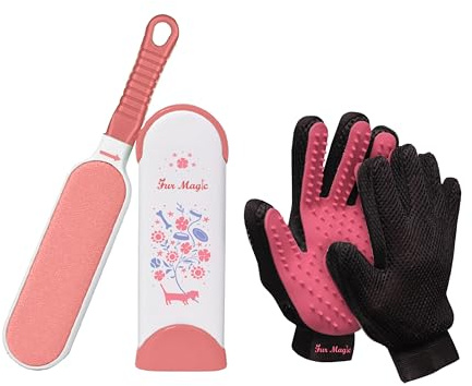 Fur Magic Pet Hair Remover Lint Brush, Self-Cleaning Base & Grooming Gloves | Pink, reusable, removes fur and fluff from furniture, sofa, clothes, carpet and upholstery, for dogs and cats hair, 3pcs set