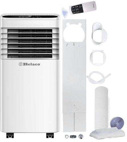 Belaco Air Conditioning Unit, 9000 BTU Portable Air Conditioner with Dehumidifier & Fan Function, Remote Control & Dual Window Installation Kit & Seal Included, 24 Hour Timer with 28L Dehumidification
