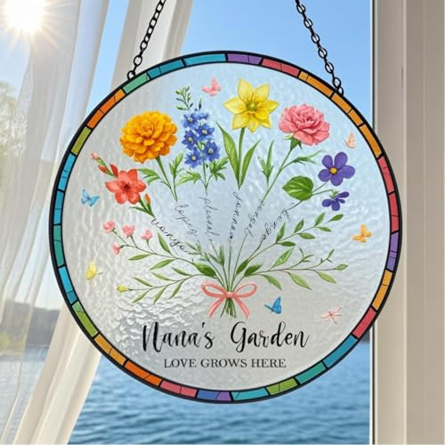 Personalized Family Birth Month Flower Stain Glass Suncatcher for Windows Garden Hanging Ornaments Decor, Custom Mothers Day Birthday Gift for Nana, Grandma, Mum, Friend, Nana'S Blessings