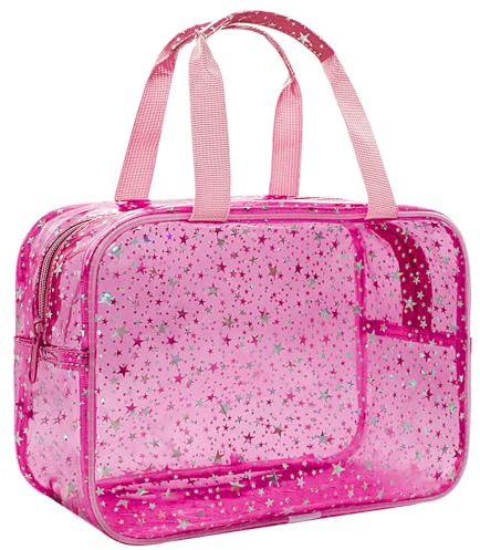 Junesters Clear Red Star Large Makeup Bag with Star Pattern 12x5x8 inch, Travel Cosmetic Bag with Handle, Durable PVC Material Washbag Zipper Opening Design for Makeup Travel Organizer or Gym Use