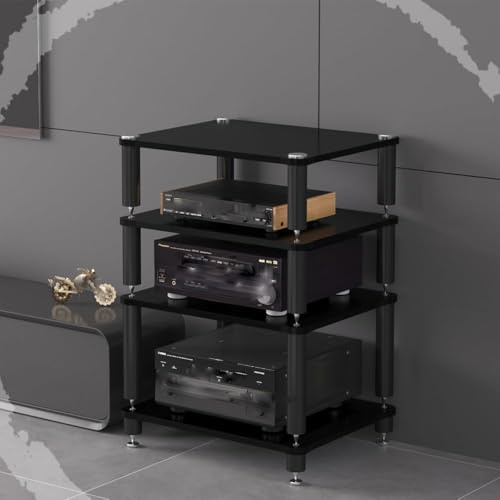 HiFi Rack 3 Tier AV Media Stand Wood Shelf, Record Player Stand Stereo Cabinet, Audio Tower, Media Console Storage Shelf, Audio Video Components (Black, 4-Tier(60x48x80cm))