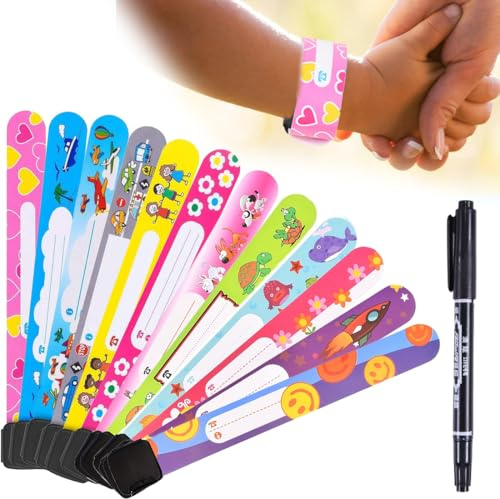 GHPKOTW 12 Piezas Pulsera Identificativa +Marcador, Pulsera Seguridad Anti Perdida, Pulsera Emergencia, Impermeable Reutilizable Para Niños Bebé, Adecuada Para Viajes