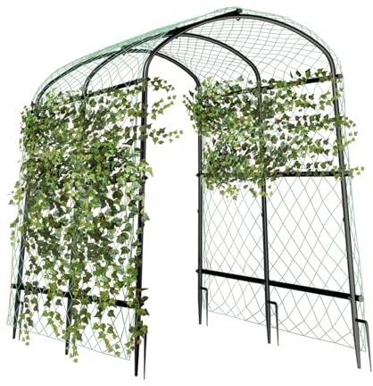 unho Rankgitter aus Metall, Große Gartenbogen für Kletterpflanzen Rankhilfe, Gurke Rankhilfen Spalier für Kletterpflanzen mit Nylonnetz, Erdspießen, 105x162x160cm