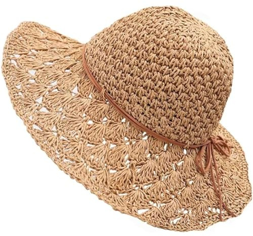 ZHAOYCSH Chapeau de Paille Femme Café - Chapeau de Soleil Large Bord Anti-UV,Bonnet de Plage Pliable et Respirant pour Femmes - Style Bohême pour Vacances, Voyage, Pêche et Détente en Extérieur